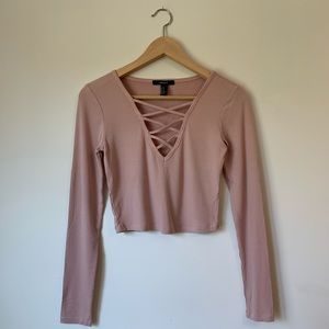 Ribbed Long Sleeve Crop Top with Cross Pattern